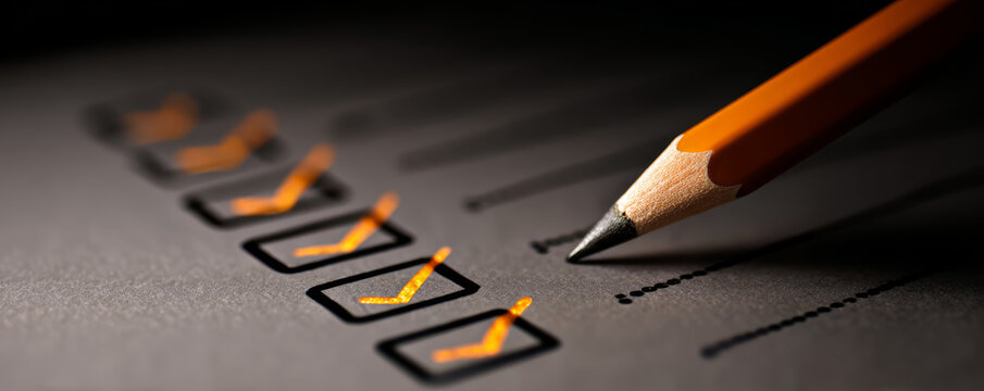 Checklist checklist concept orange pencil checkbox check mark survey form task list close up macro office checklist concept with orange pencil