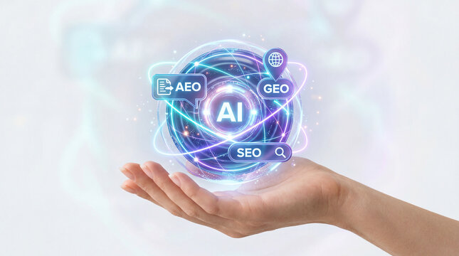 Artificial intelligence concept with glowing AI sphere and SEO, GEO, AEO icons floating above open hand, symbolizing digital marketing and technology innovation