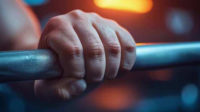 Close up of strong hand gripping textured metal bar for weightlifting or gym workout in fitness environment