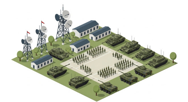 Isometric Military Base Illustration with Soldiers and Tanks.