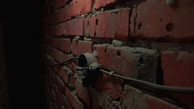 An eerie view of an old brick wall in a dingy basement. Dramatic, subdued lighting highlights the texture, dust, and old wiring, creating a sense of mystery and decay