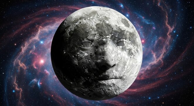 A Textured Full Moon Face Revealed Amidst the Vast Cosmic Expanse of a Galaxy