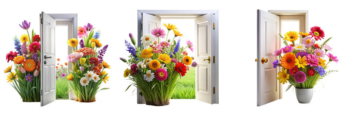 Obraz premium Set of Colorful spring flowers entering through the door isolated on a transparent background 