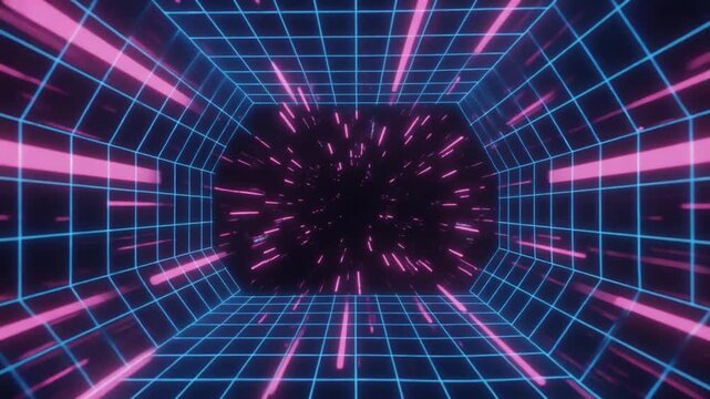 Futuristic digital tunnel with neon grid and glowing light streaks in vibrant blue and pink colors
