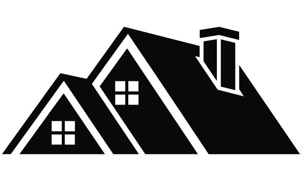 Modern house roof graphic illustration with chimney and dormer windows depicted in simple black and white vector design suitable for architectural or real estate projects.