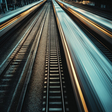 High speed trains on parallel tracks with motion blur effect