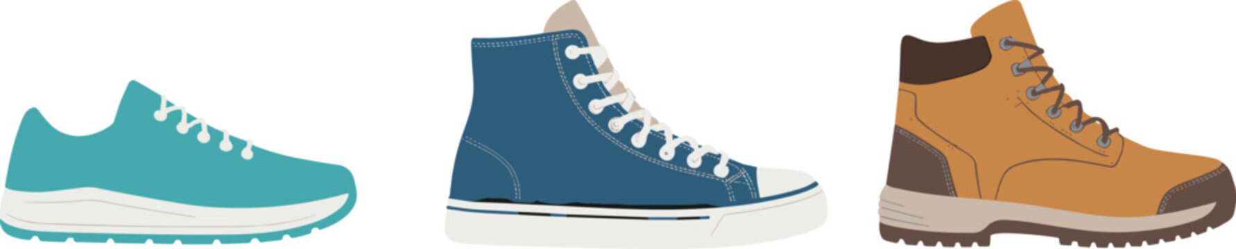 Flat vector illustration set of casual sneakers high top shoes and leather boots for fashion retail and footwear design,