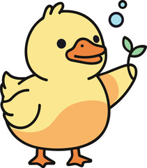 Fototapeta premium Cute Yellow Duck Holding Plant with Bubble Cartoon Character Adorable Baby Bird Animal Vector Illustration Isolated on White Background