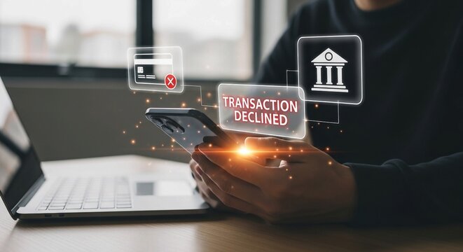 Man experiencing credit card transaction declined error on smartphone at desk with laptop.