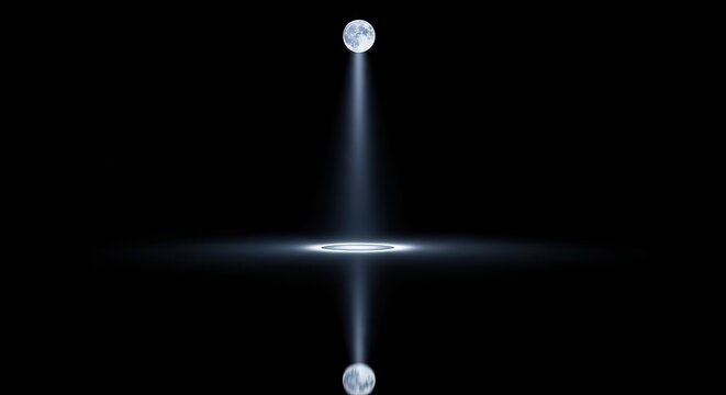 Full moon casting a bright, focused beam of light downwards onto a reflective surface, creating a striking vertical and horizontal illumination effect in the darkness.