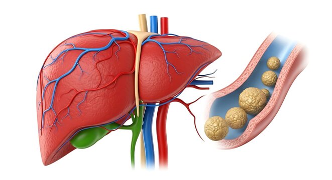 Human liver with visible veins and bile ducts alongside a cross-section of liver tissue with tumors