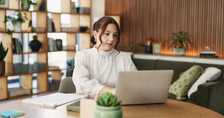 Fototapeta premium Woman, clipboard and typing with laptop for project draft, editing article and creative process in home. Remote work, freelance writer and tech for proofreading with document or blog post feedback