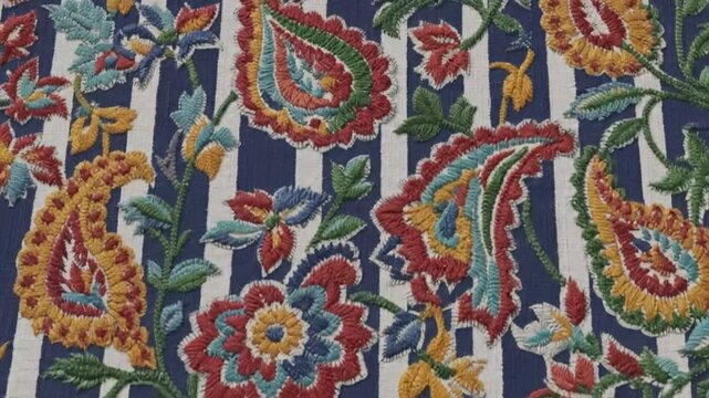 Detailed close-up of intricate colorful paisley and floral embroidery pattern on striped fabric