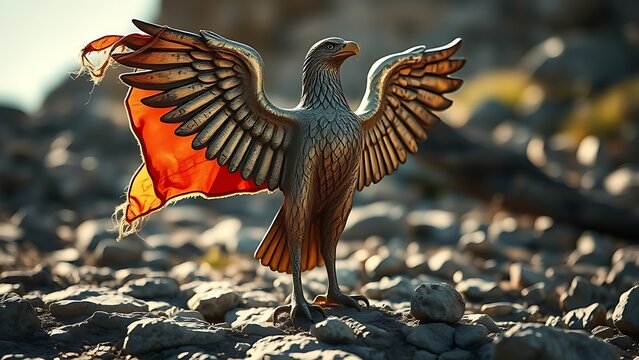 acquiescing. Weathered Roman legion eagle standard planted in rocky ground, symbol of endurance. event programs, museum guides, designed for cultural heritage projects and event programs.
