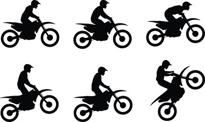 Obraz premium Six diverse black silhouettes display motocross riders in various dynamic riding and stunt poses on dirt bikes