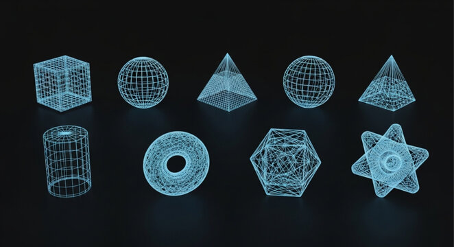 Geometric Shapes with Glowing Wireframe Design on Black Background.