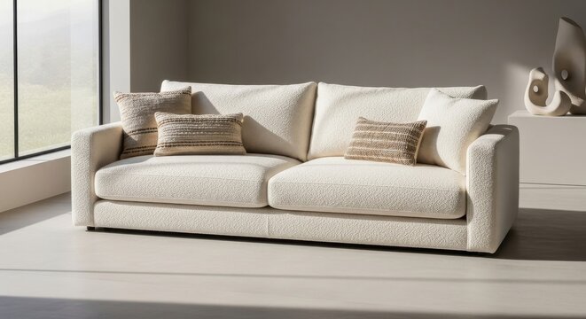Cream colored boucle armless sofa with plush cushions in a modern living room setting