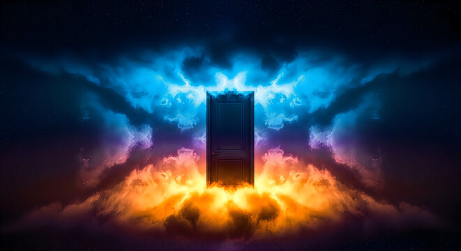 A glowing monolith stands between fire and a celestial sky