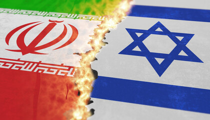 Illustration of the flags of Iran and Israel. Break between state symbols. Fire and explosions. Concept of political conflict with the Israel. Severance of relations with Iran.
