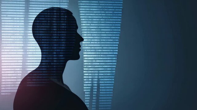 Silhouette of Abstract Figure Against Binary Code Background