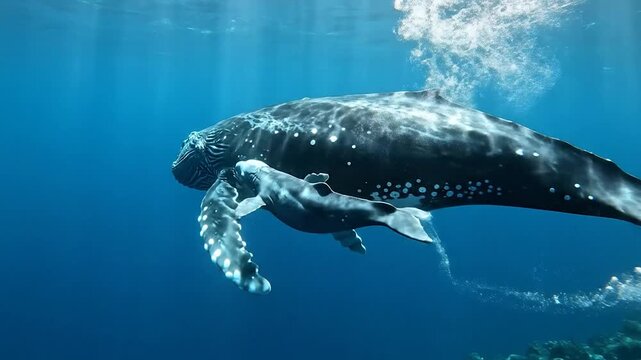 A large marine mammal and its young swim in the deep blue ocean