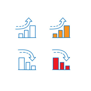 Business growth and decline bar chart vector icon set with up and down arrows