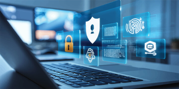 Online data security: laptop screen displays cyber protection icons, blue digital network theme, digital safety