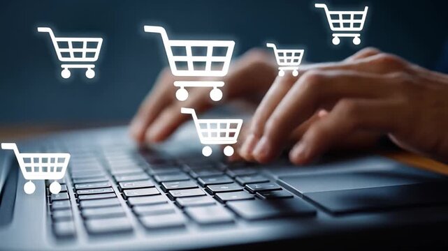 Hands Typing on Keyboard with Online Shopping Cart Icons Overlay