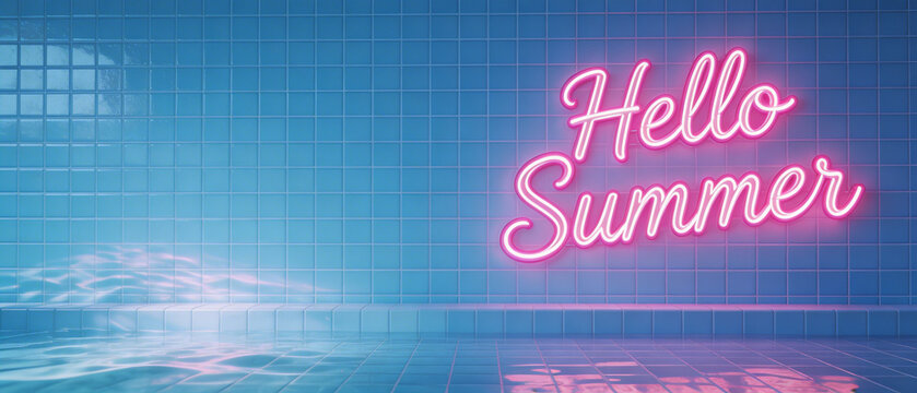 Pink neon hello summer sign glowing on blue tiled pool wall with water reflections. Vibrant seasonal welcome display for summer vacations beach parties and tropical getaways. Fun glowing invitation