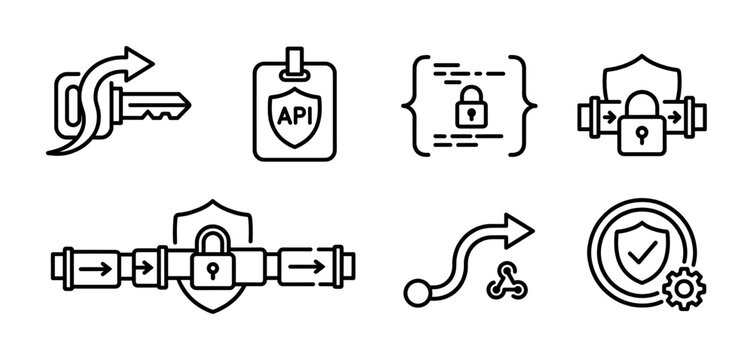 A set of thin line icons for API security and data protection. Concepts include authentication, encryption, and secure connection. Perfect for tech websites and app development.