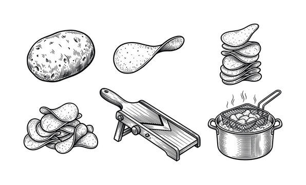 Retro engraving style vector set illustrating the steps of making homemade potato chips. Features potato, mandoline slicer, deep fryer, and crisps. Ideal for food design.