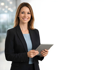 Fototapeta premium Female Hr Manager Holding Tablet, Smiling, Right Side Empty Area For Text