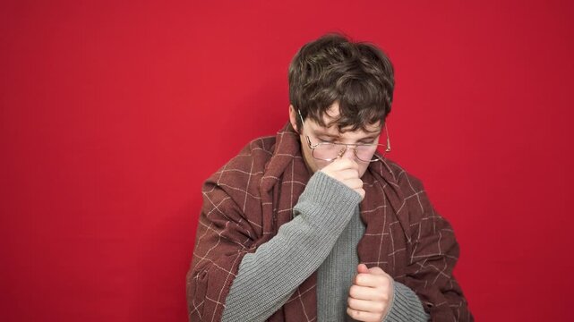 Sinus, blowing nose or portrait of man sick by hay fever illness, flu disease or virus by sneezing with tissue. Allergy problem,