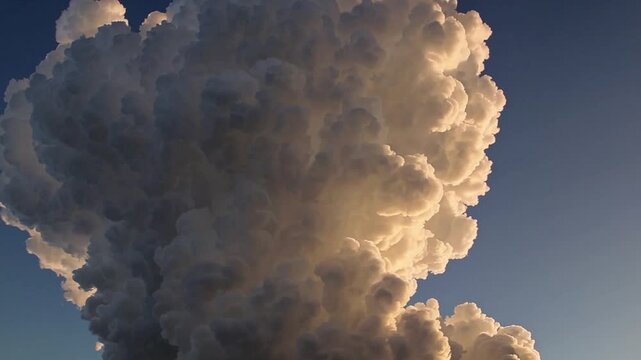 Towering cumulonimbus cloud at sunset, glowing golden edges, deep shadowed cores, slow billowing convection and palpable menace, high altitude texture and mammatus pockets create cinematic silhouette