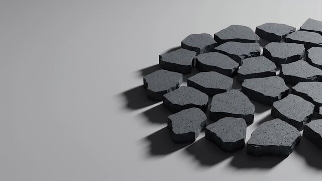 Abstract hexagonal black stones arranged on gray background for video.