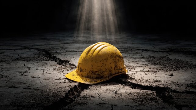 Old yellow construction hard hat on cracked ground with dramatic spotlight