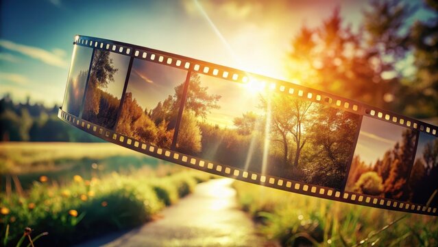 A photo of an oldfashioned 35mm filmstrip with a crisp image and visible graininess on a pristine white background The filmstrip is partially expose