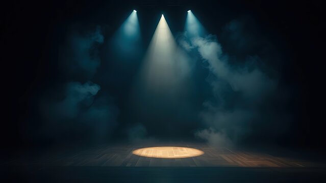 backstage. Dramatic spotlight on an empty wooden stage, creating a theatrical and mysterious atmosphere. event programs, museum guides, designed for cultural heritage projects and event programs.