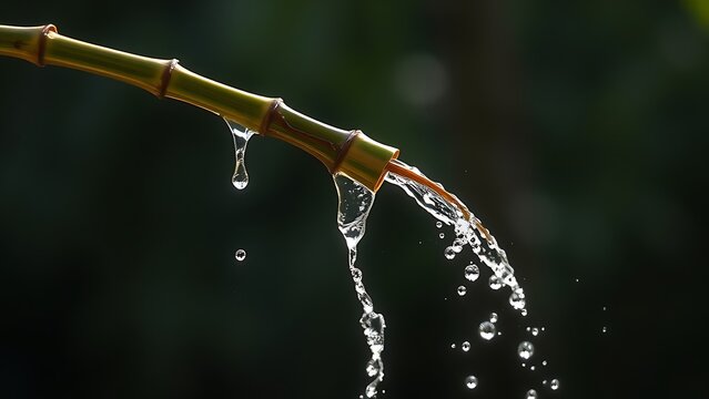 flinging. A flexible bamboo branch recoiling, flinging water droplets into the air. gardening catalogs, home-decor guides, designed for home decor and floral branding, used by procurement managers.
