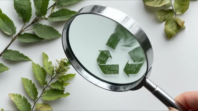 Magnifying glass examining green Mobius Loop recycle symbol, highlighting environmental preservation, eco ecology concept, sustainable nature, vibrant greenery, plant leaves, vital oxygen, co2 cycle