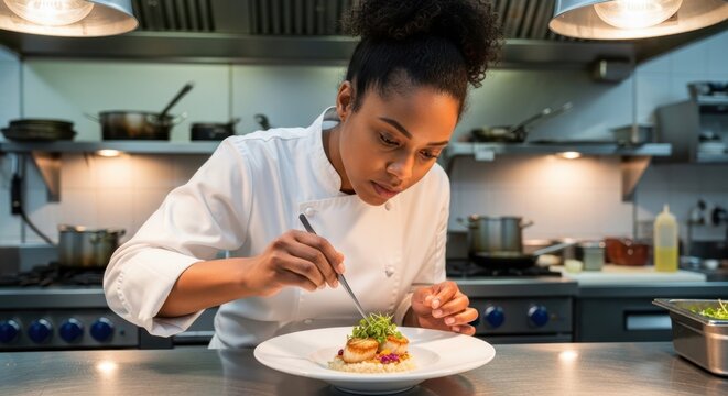 Professional chef meticulously garnishing a gourmet seafood dish in a busy restaurant kitchen
