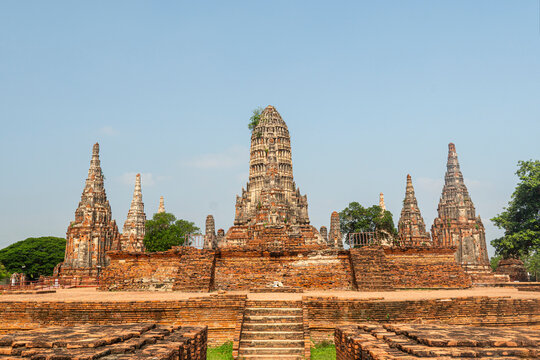 Ruined pagoda with surrounded by lion sculptures in Wat Thammikarat Ayutthaya,