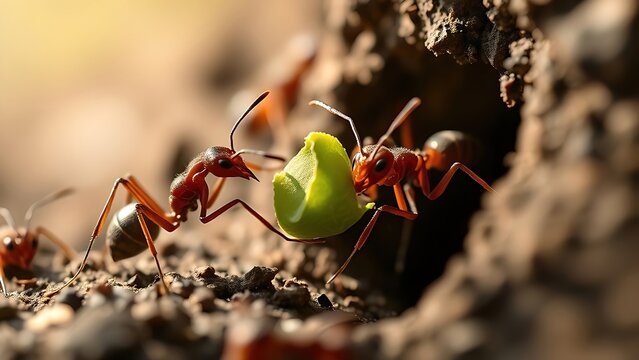 phonology. Ants communicating with antennae at nest entrance, coordinating to carry leaf fragment. wildlife magazines, conservation campaigns, designed for wildlife conservation campaigns.