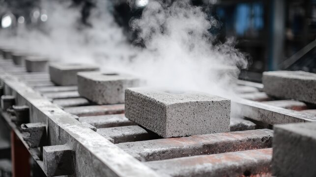 Industrial manufacturing of concrete blocks on a conveyor belt with steam