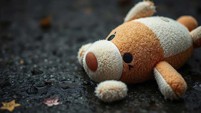 expropriated. A discarded plush toy lying in the rain with wet, matted fur, muted colors. lifestyle magazines, social media lookbooks, designed for lifestyle magazines and social media content.