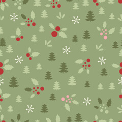 Fototapeta premium Winter Seamless Pattern with Pine Trees Snowflakes and Stars Holiday Background Design