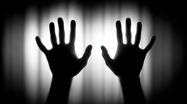 Dramatic silhouette of human hands pressed against a glowing light in darkness, symbolizing fear, suspense, isolation, or a plea for help.