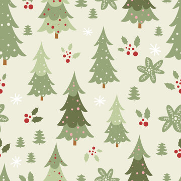 Seamless Christmas Pattern with Trees and Snowflakes Cozy Winter Holiday Background