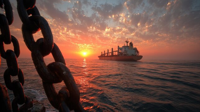 Large cargo ship sailing on the sea at dramatic sunset
