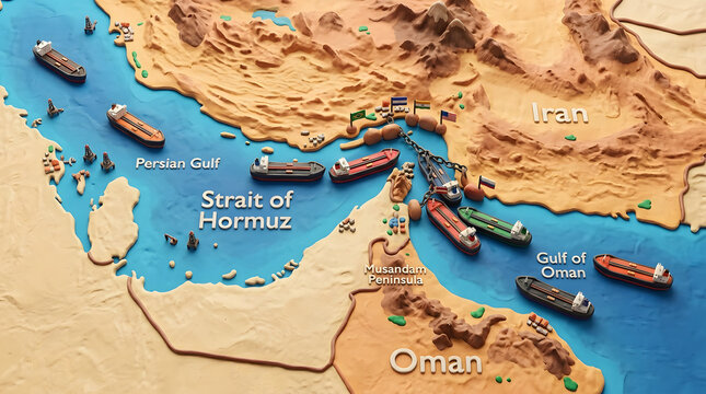 Strait of Hormuz Closed Scenario Map Claymation Style, Oil Transport Ships, Persian Gulf Trade Route